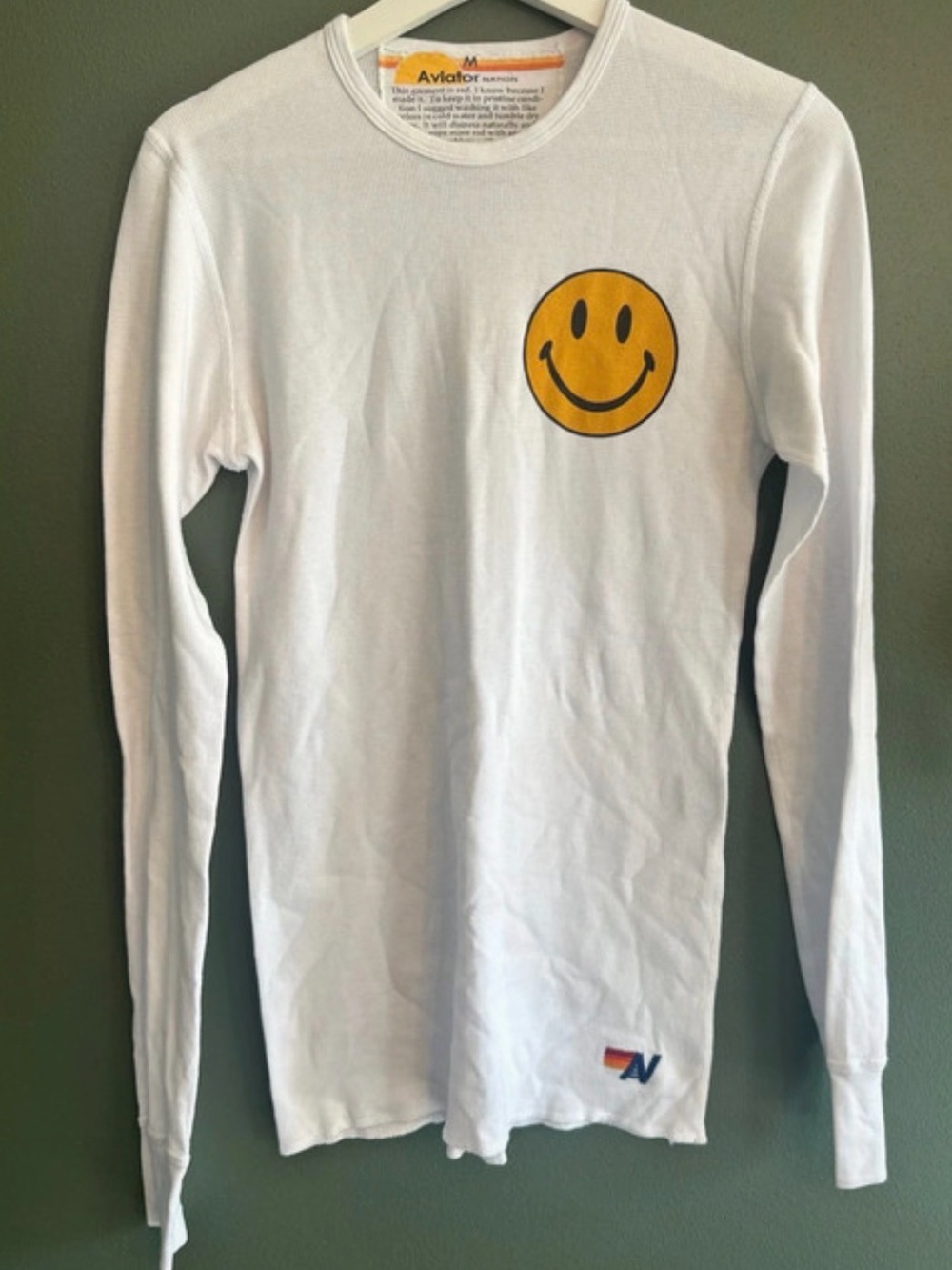 Aviator Nation White Crewneck Sweater with Yellow Smiley